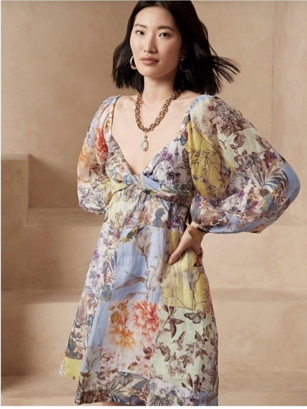 Banana Republic Pastel Floral Patchwork Puff-Sleeve Dress ramie cotton